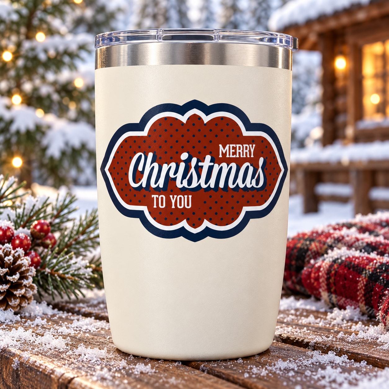 Christmas sticker: red 'Merry Christmas to You' on a dark cloud badge