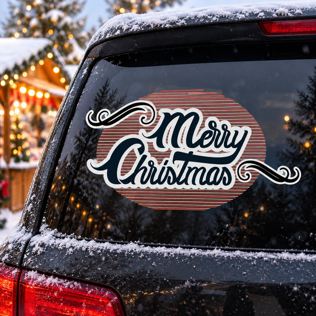 Merry Christmas window decal with red striped circle and white script lettering