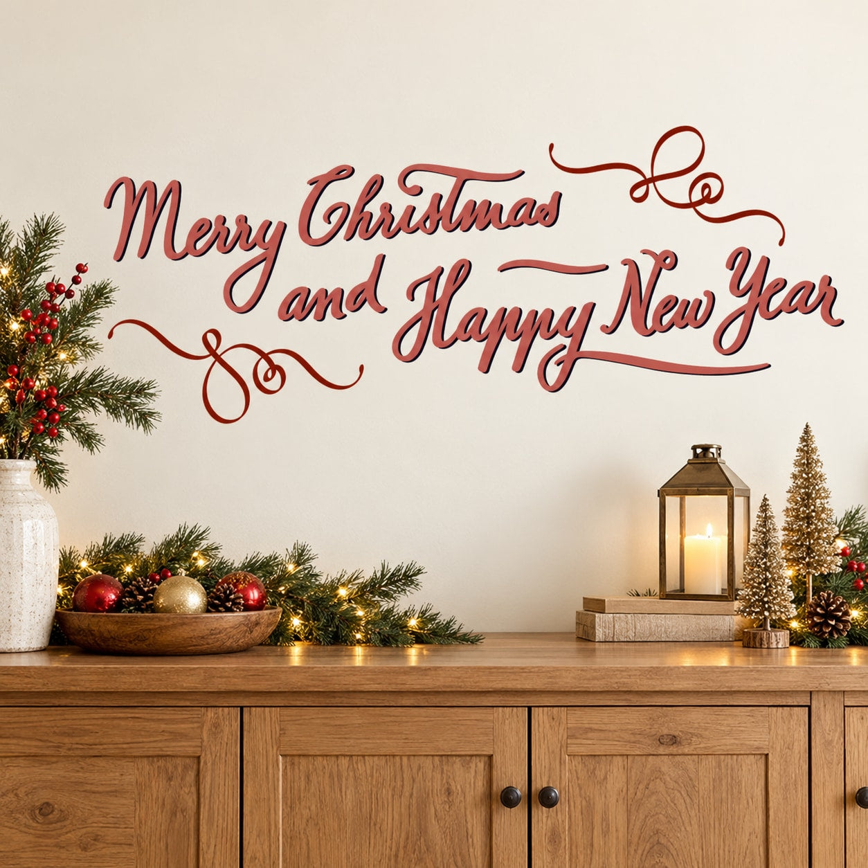 Red cursive Christmas & New Year ribbon quote decal