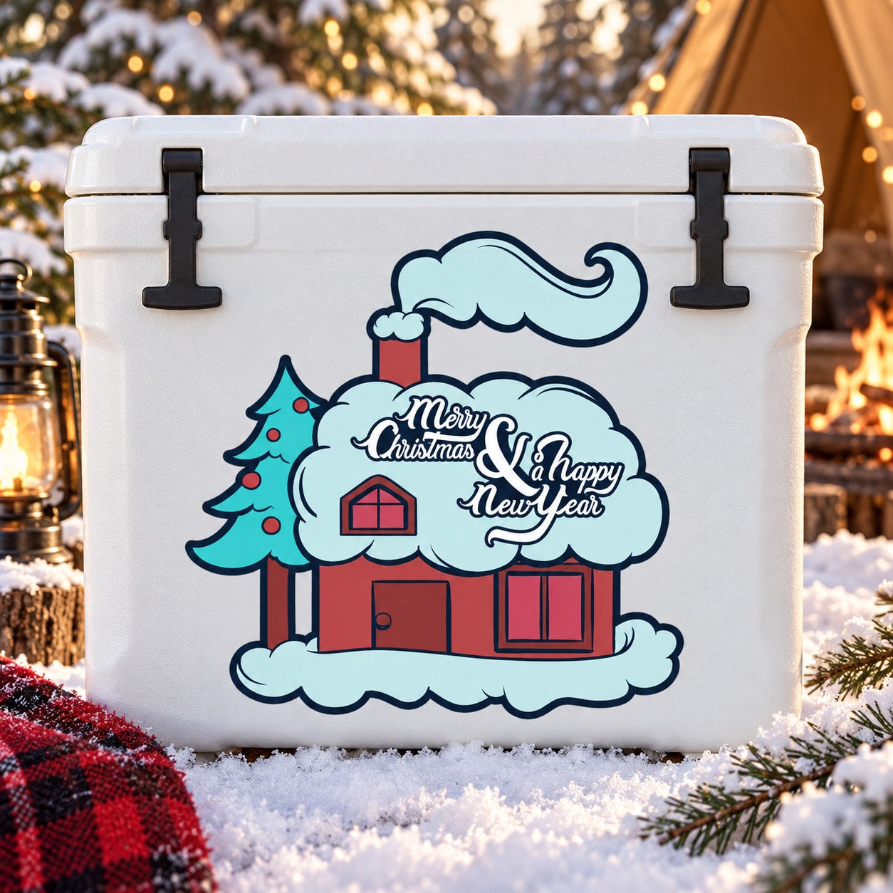 Rectangular cabin sticker with red house, blue outline, tree, and Merry Christmas & Happy New Year.