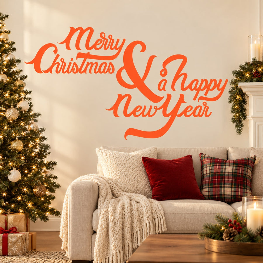 Christmas & New Year wall decal, red script quote: Merry Christmas & Happy New Year