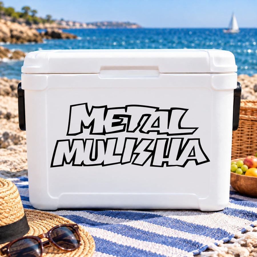 Metal Mulisha Text Decal — illustrative vinyl decal application mockup. Surrounding objects are not included.