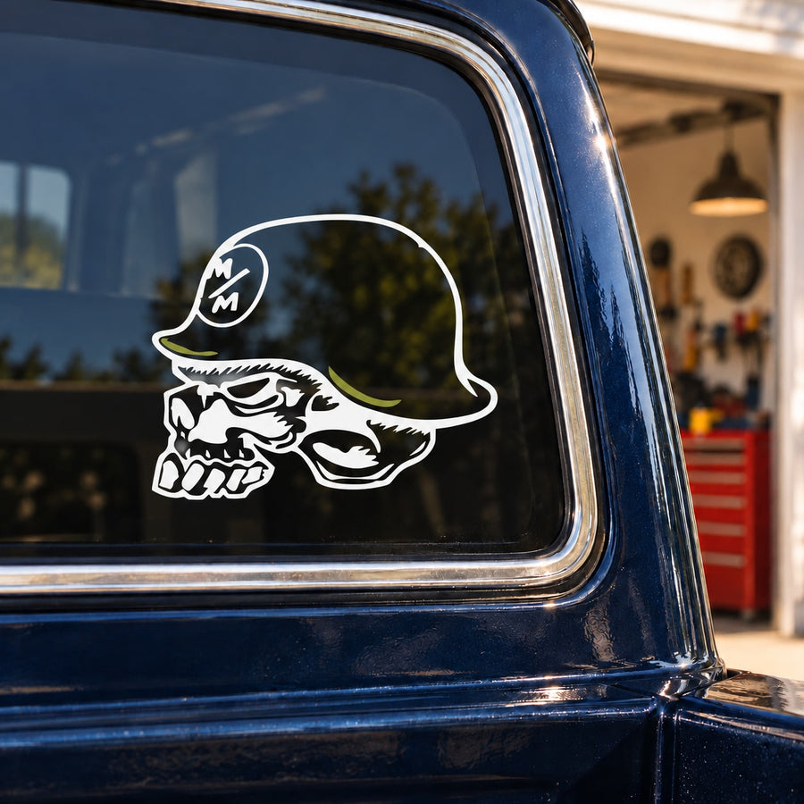 Metal Mulisha Skull Decal — illustrative vinyl decal application mockup. Surrounding objects are not included.