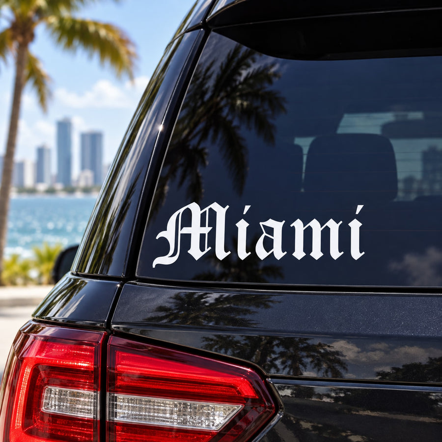 Miami Old English Decal — illustrative vinyl decal application mockup. Surrounding objects are not included.