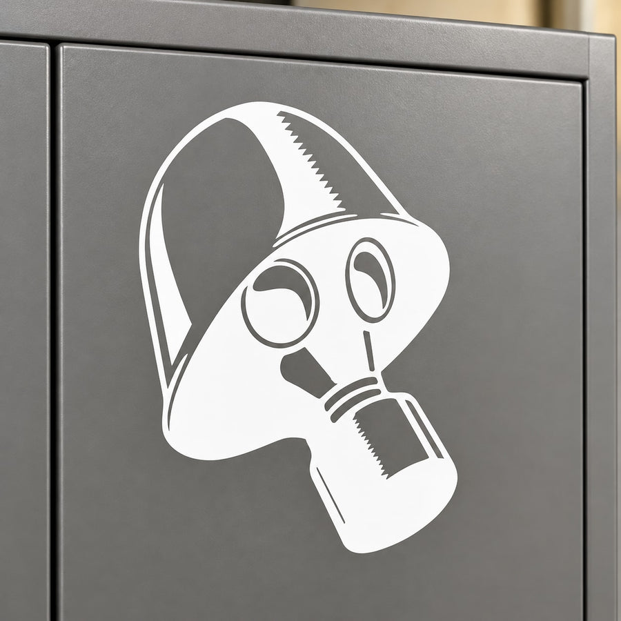 Retro gas mask decal sticker, white outline with black goggles and respirator