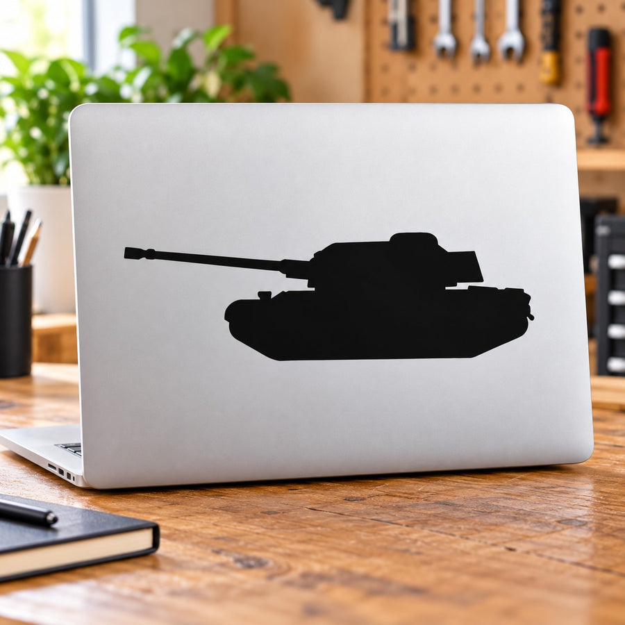 Black M1 Abrams tank silhouette decal on a laptop lid