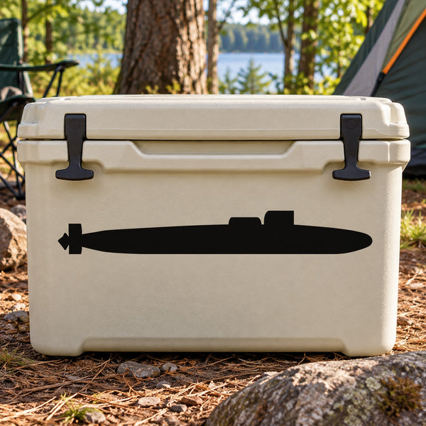 Black submarine silhouette decal on light cooler with corner latches
