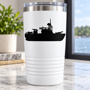 River patrol boat decal, black boat silhouette on white tumbler