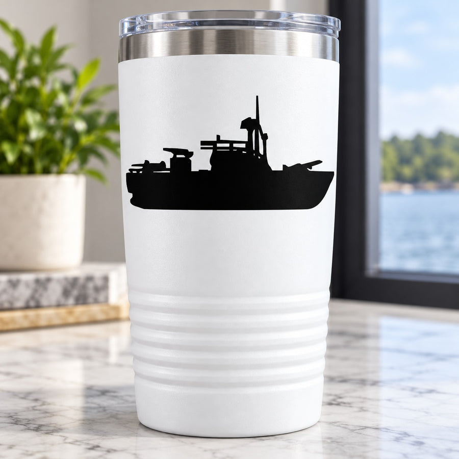 River patrol boat decal, black boat silhouette on white tumbler