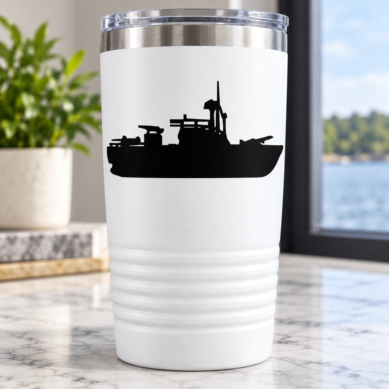 River patrol boat decal, black boat silhouette on white tumbler