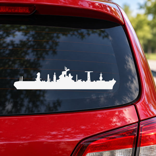 Command ship silhouette car window decal, white cityscape line art