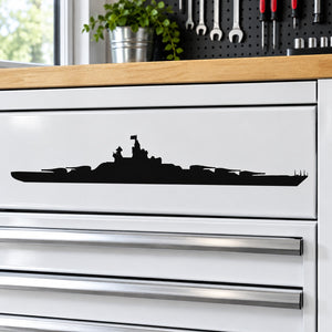 Iowa-class battleship decal, black side silhouette on white cabinet drawer.