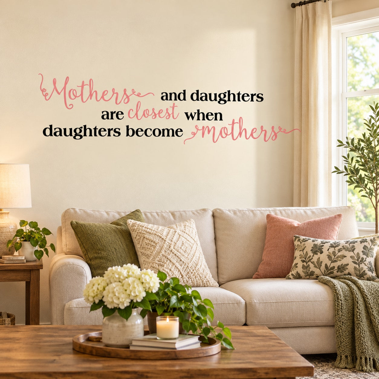 Quote wall decal with red cursive text: “Mothers and daughters are closest...”