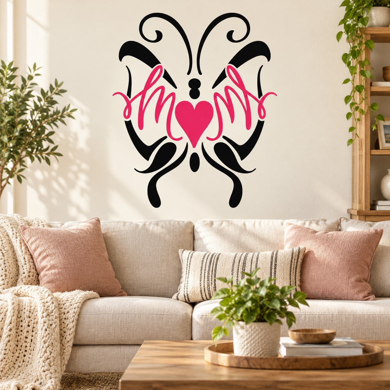 Butterfly heart printed die-cut wall decal with black and pink accents