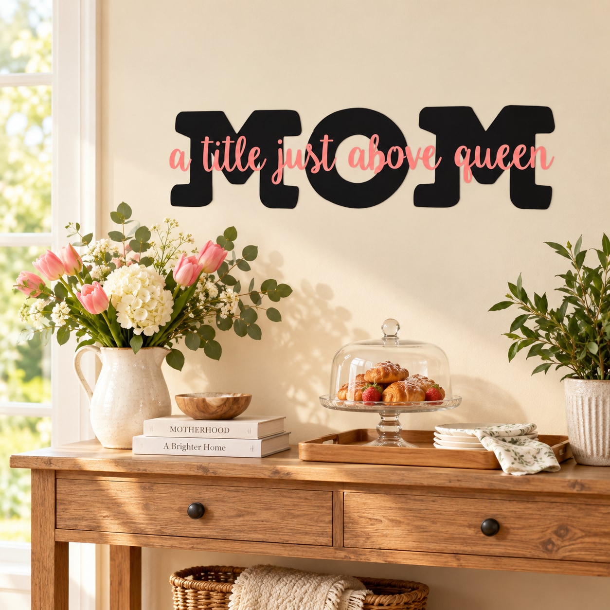 Black 'TITLE' wall decal with pink script 'a title just above queen'