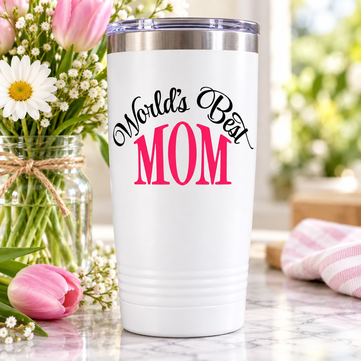Worlds Best Mom Decal — illustrative vinyl decal application mockup. Surrounding objects are not included.