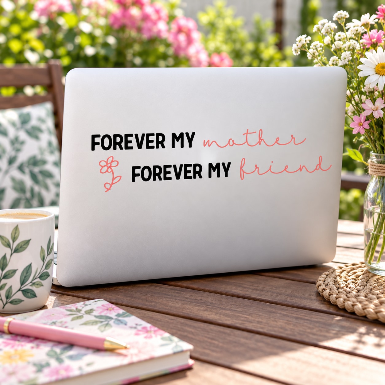 White vinyl decal with red script 'Forever my mother' and 'Forever my friend'