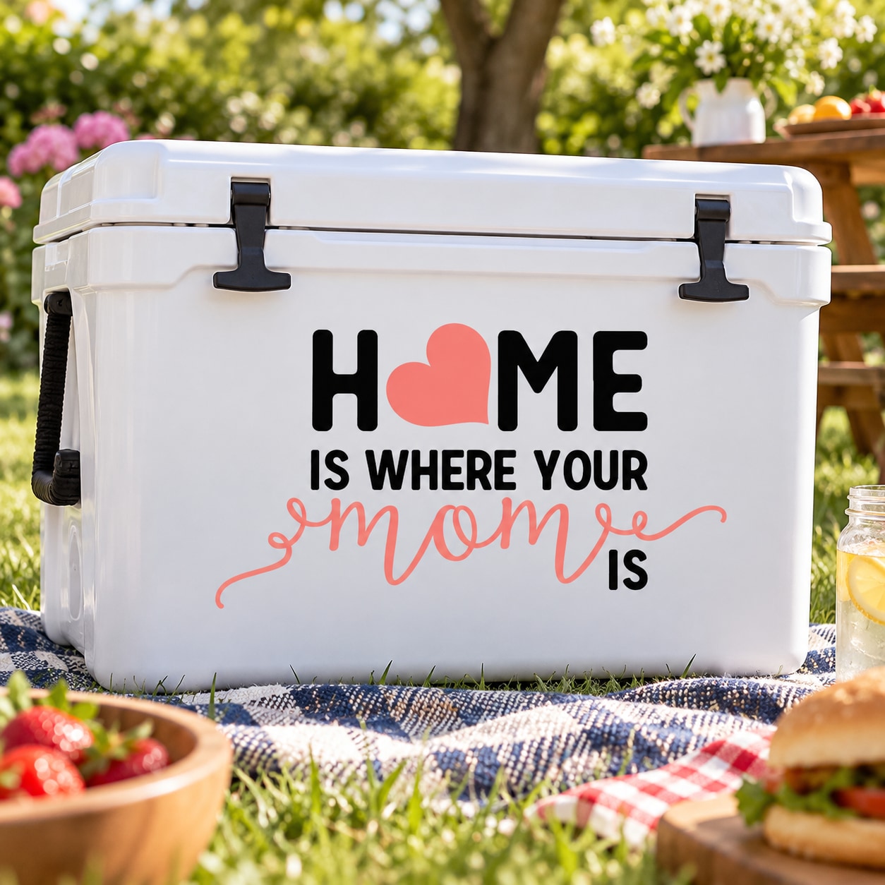 Home is where your mom is die-cut decal with heart and script on dark text