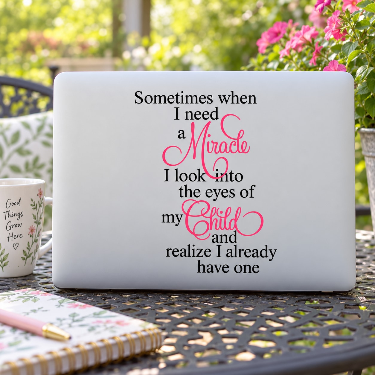 Inspirational mom quote decal: "Miracle" and "eyes of my child" text in red