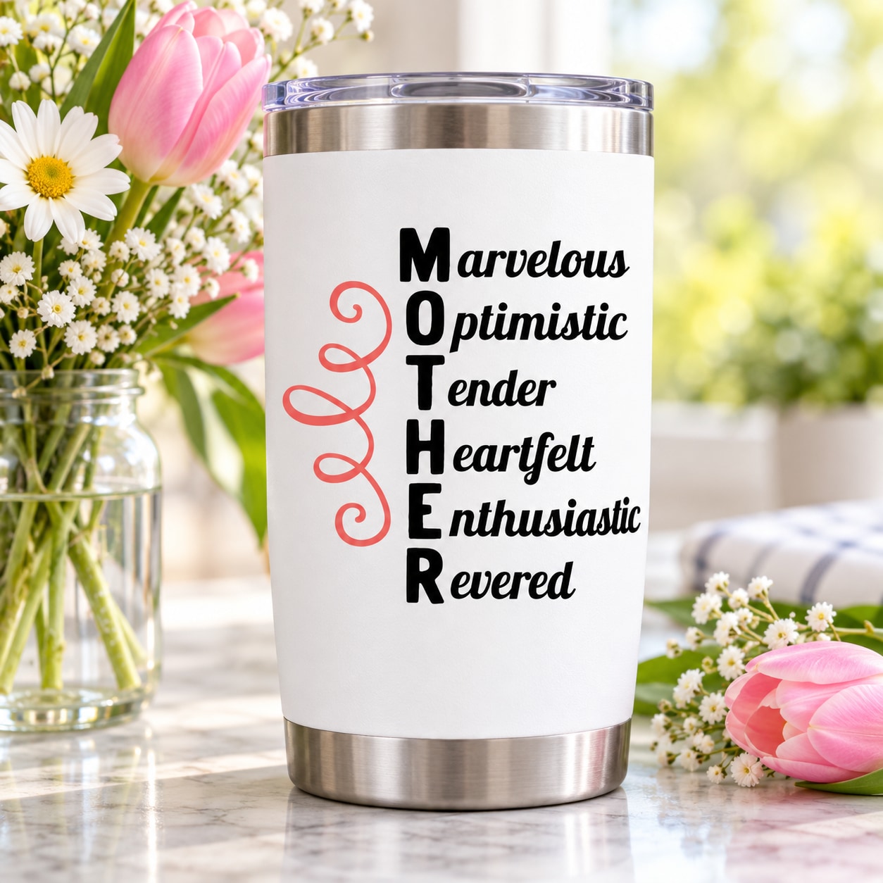 Stainless steel travel tumbler with inspirational quote decal in pink and black