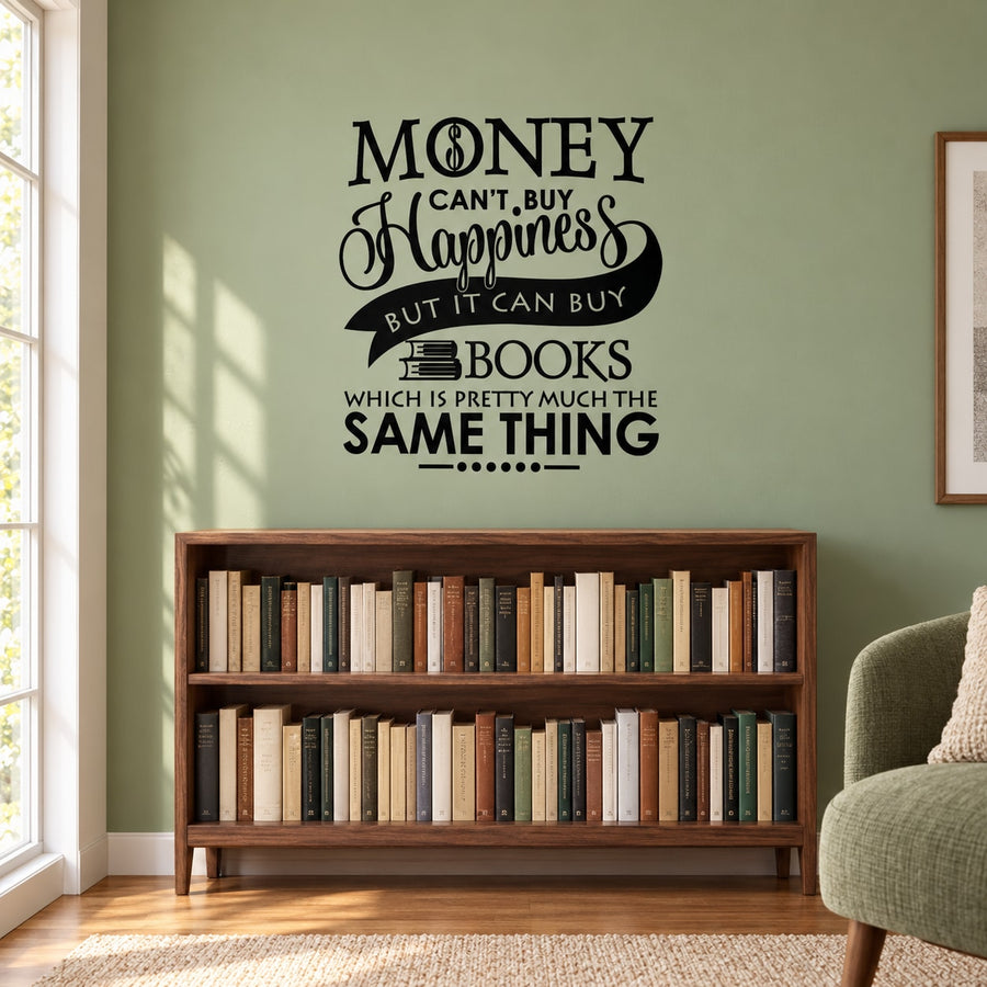 Inspirational wall decal, black quote typography: “Money can’t buy happiness…”
