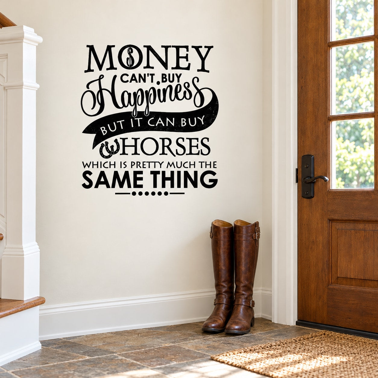 Black horses typography wall decal with money happiness quote