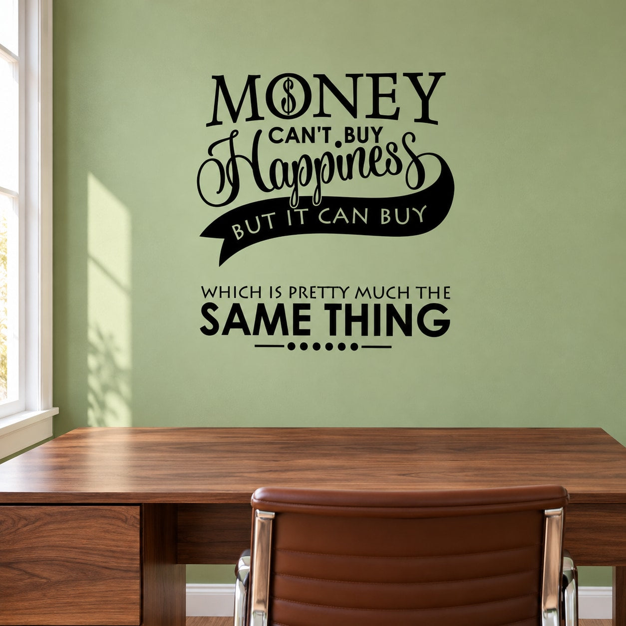 Black typography quote vinyl wall decal reading “Money can't buy happiness”