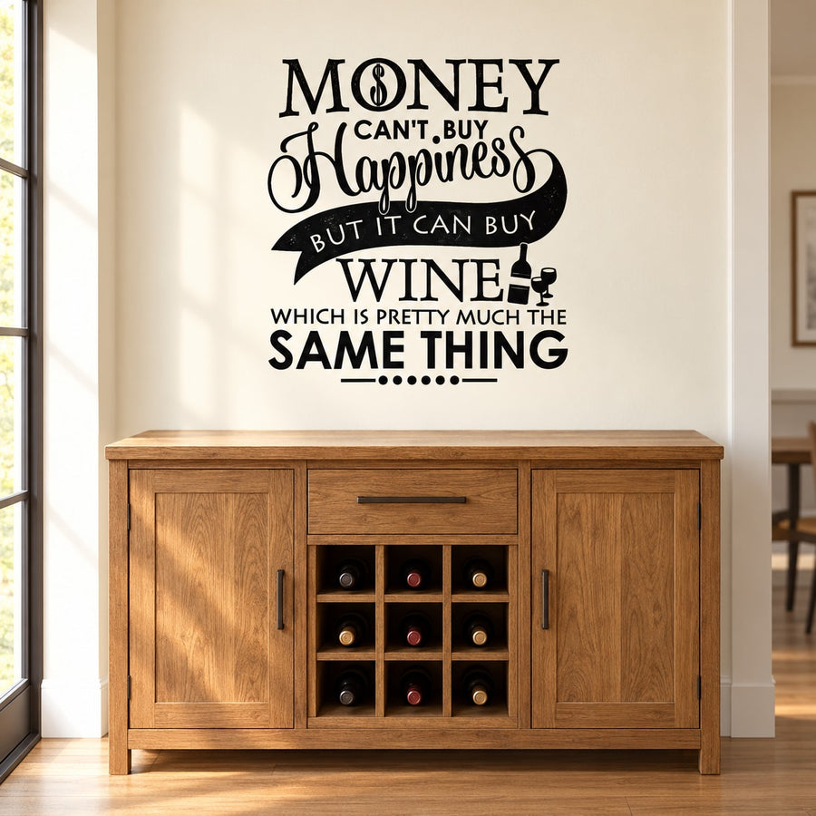 Wall decal with quote: 'Money can't buy happiness... buy wine' typography