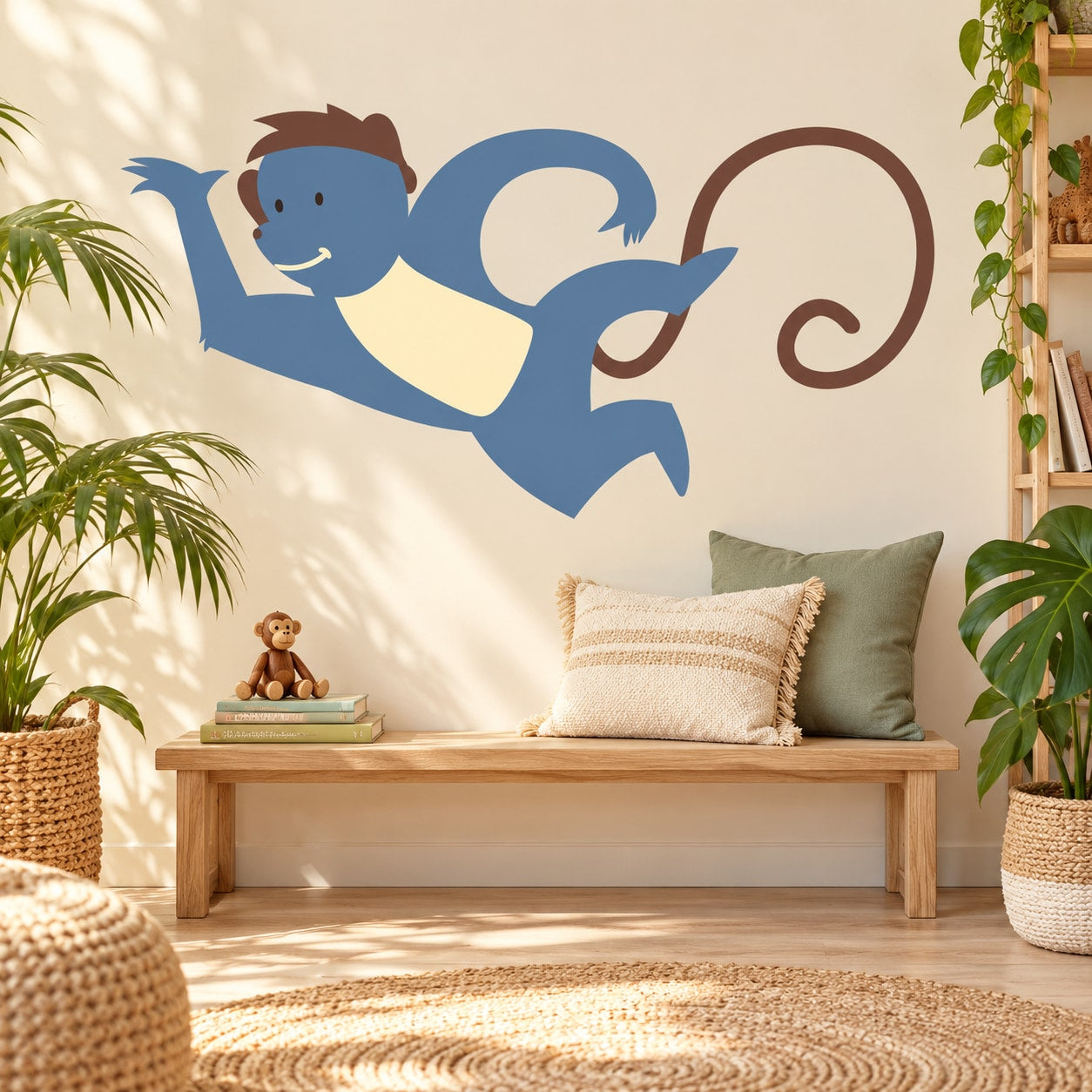 Smiling cartoon monkey wall sticker with blue body and curled tail