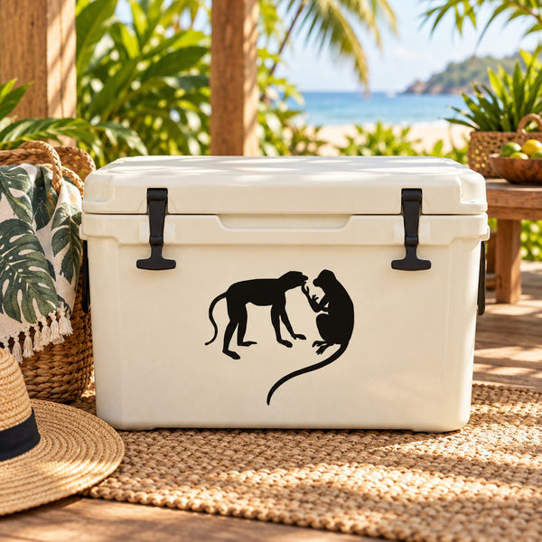 White cooler with black monkey grooming decal