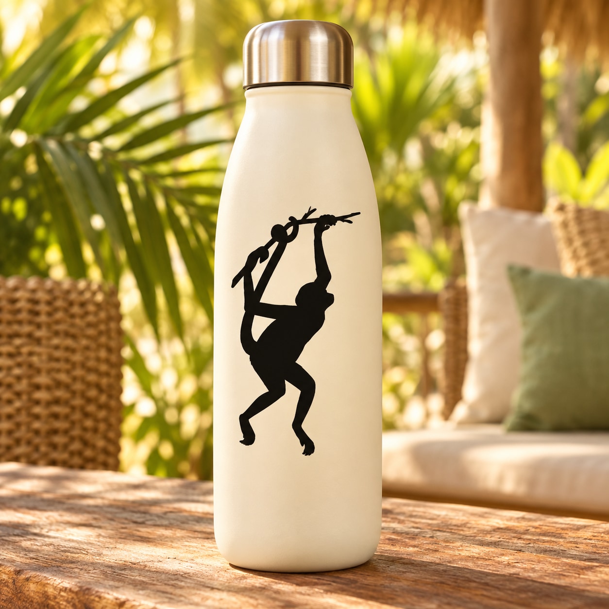 Cream insulated water bottle with black monkey swinging on branch decal