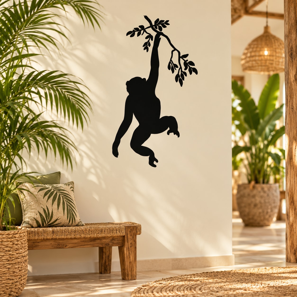 Monkey hanging on tree branch silhouette wall decal