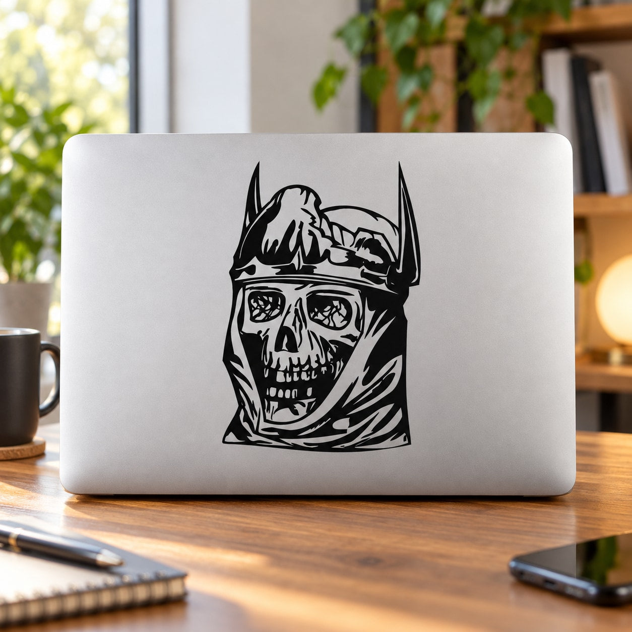 Black vinyl monster skull decal with horned monster face design