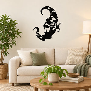 Black tribal swirl moon wall decal with stylized bearded face profile
