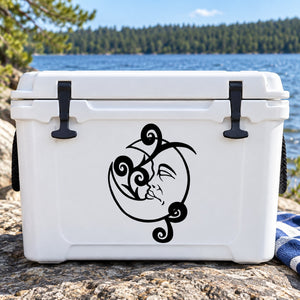 Black sleeping moon and swirly vines decal on white cooler lid
