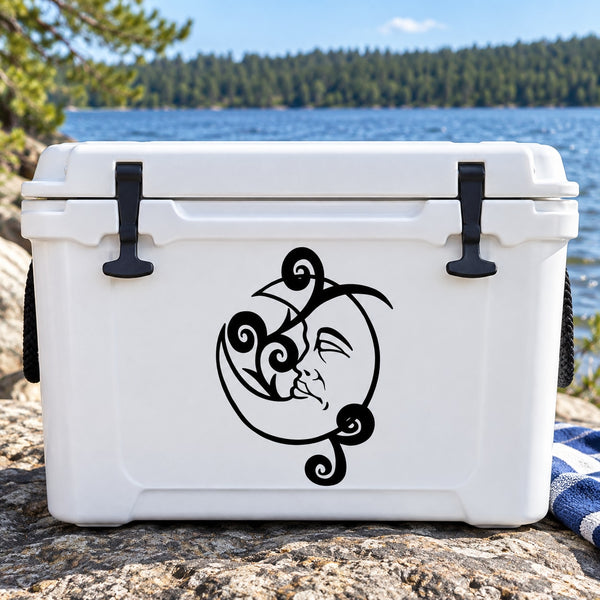 Black sleeping moon and swirly vines decal on white cooler lid