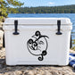 Black sleeping moon and swirly vines decal on white cooler lid
