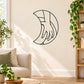Crescent moon and hand line-art wall decal, black outline on light surface
