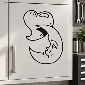 Heart and moon wall decal with black outline face design