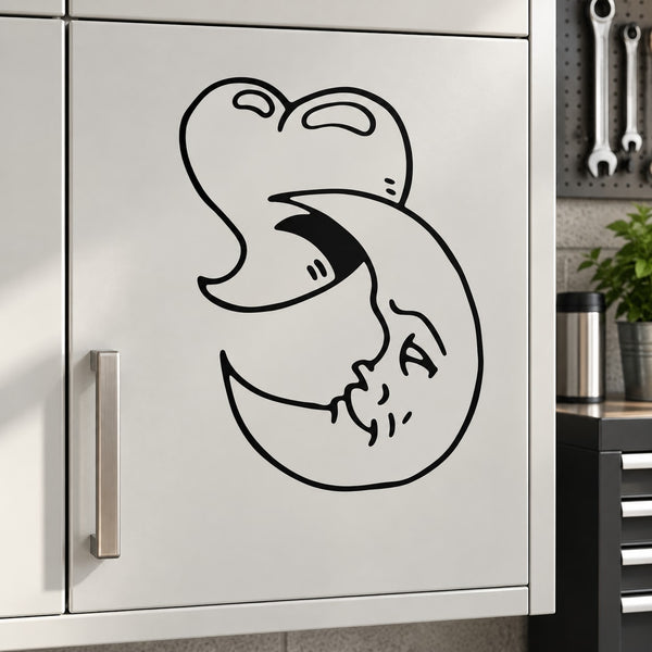 Heart and moon wall decal with black outline face design
