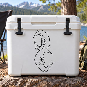 Happy and sad moon decal on a white cooler, black line-face design
