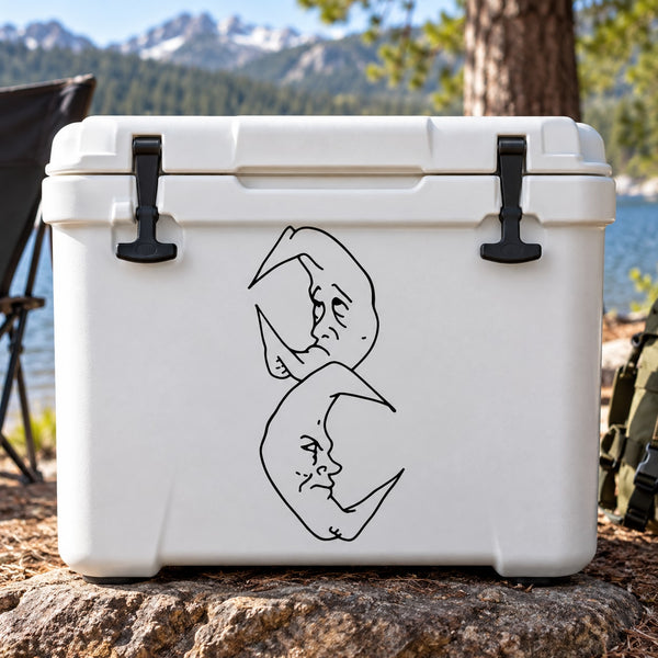 Happy and sad moon decal on a white cooler, black line-face design