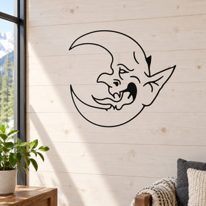 Black line-art moon face wall decal with ears and smiling expression