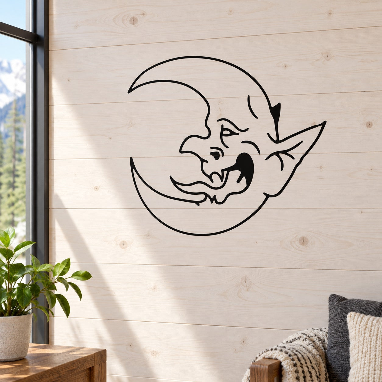 Black line-art moon face wall decal with ears and smiling expression