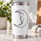 Hollow moon decal with black line-art profile inside a crescent on a white tumbler