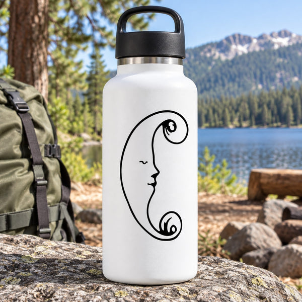 White water bottle with black Whispy moon decal