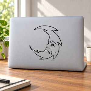 Spiky crescent moon decal with cute sleeping face, black outline design