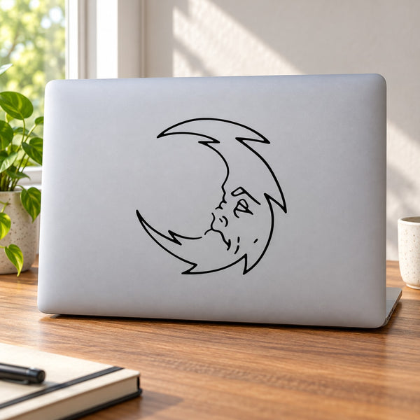 Spiky crescent moon decal with cute sleeping face, black outline design