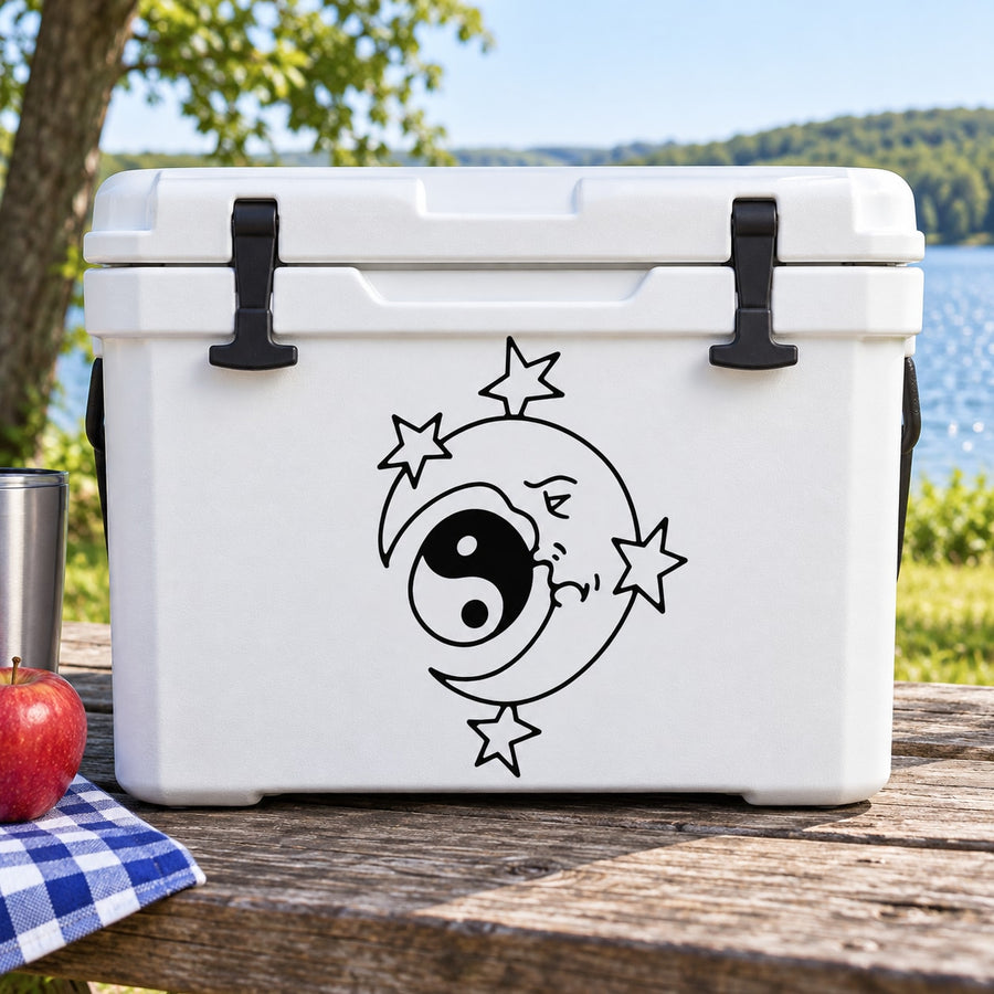 Moon with Yin Yang Decal — illustrative vinyl decal application mockup. Surrounding objects are not included.