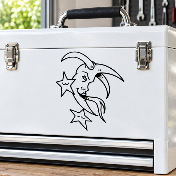 Devil moon and stars decal sticker, black line art on a white surface